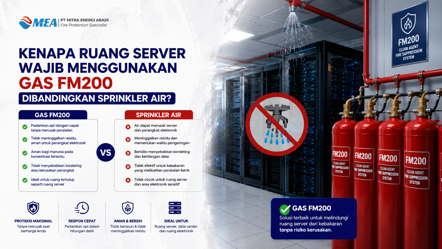 Kenapa Ruang Server Wajib Menggunakan Gas FM200 Dibandingkan Sprinkler Air?