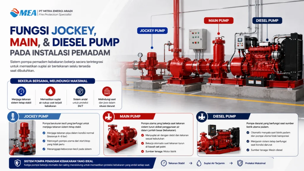 Fungsi Jockey, Main, & Diesel Pump pada Instalasi Pemadam, fungsi fire pump