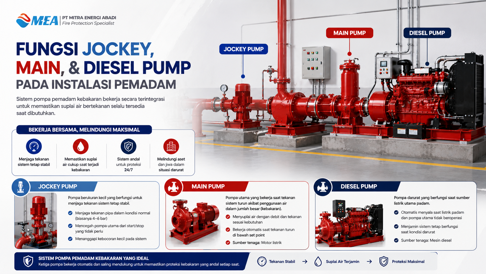 Mengenal Fungsi Vital Jockey Pump, Main Pump, dan Diesel Pump pada Instalasi Pemadam Kebakaran